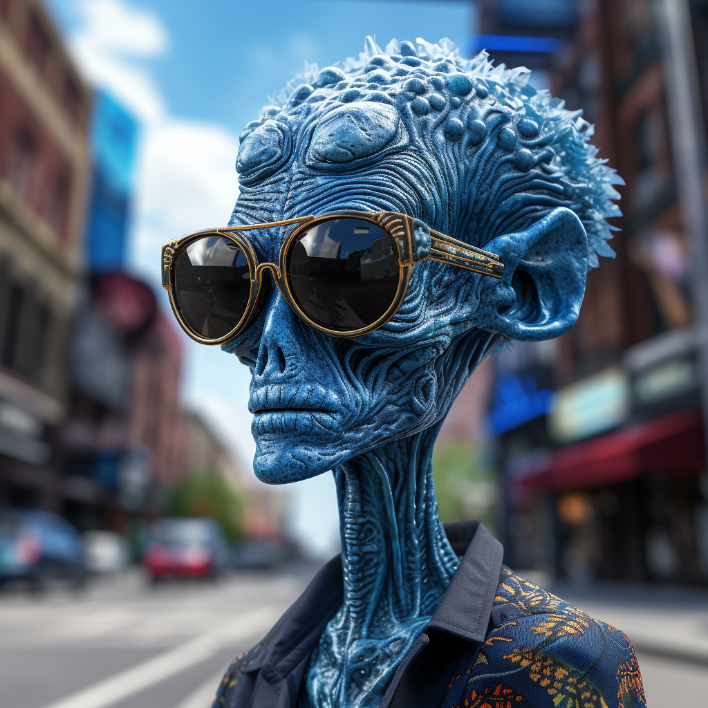 Cartoonish blue alien walking down city street