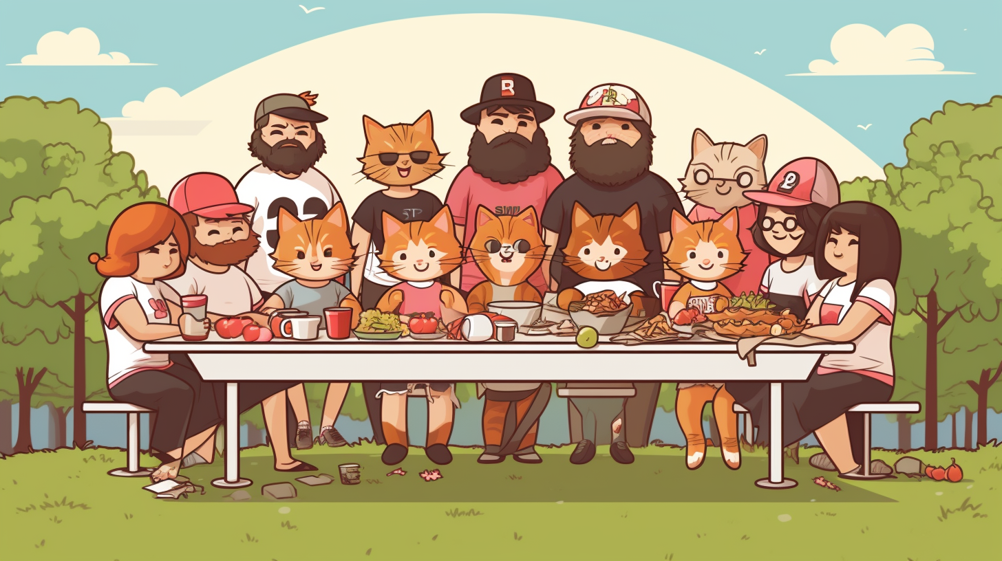 Cat friends at picnic table enjoying food