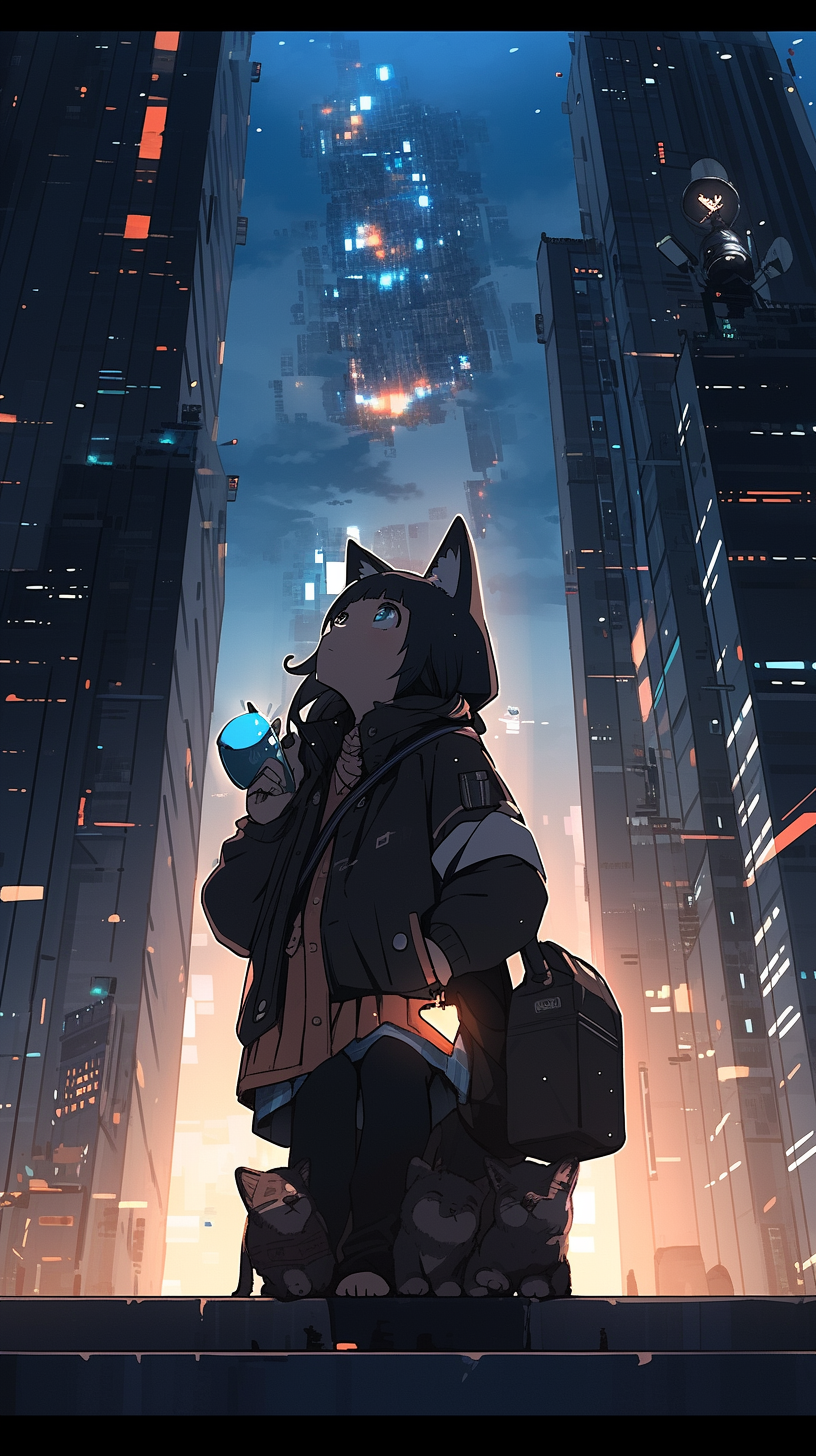 Cat girl wearing headphones on platform with high-rise buildings and meteors