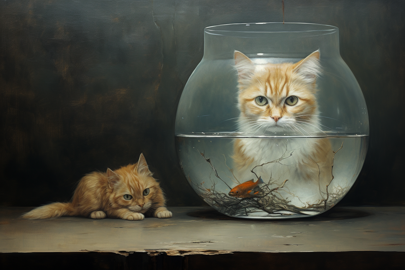 Cat watching goldfish in bowl painting