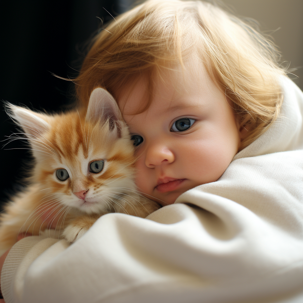 Cat hugging adorable little baby