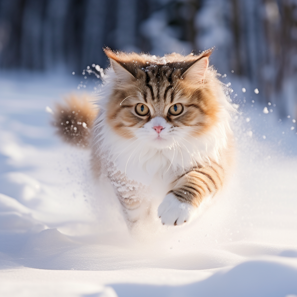 Playful cat running in snow