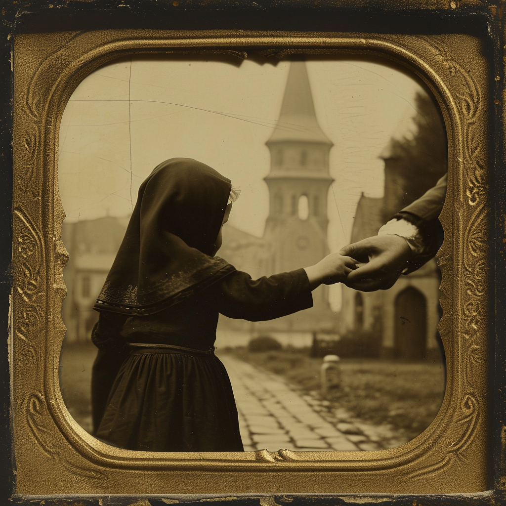 Catholic child holding nun's hand in front of church