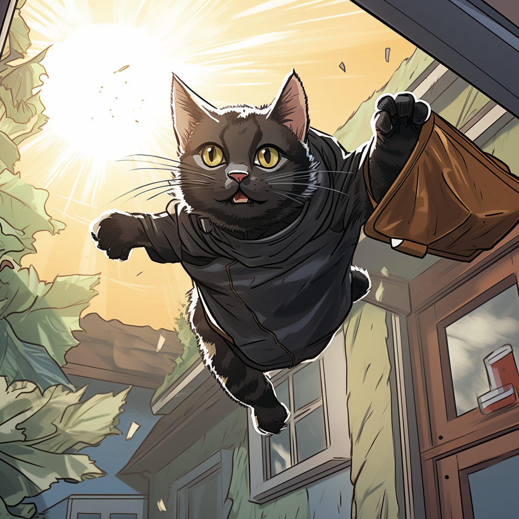 Catperson thief with bag of treasure jumping from window