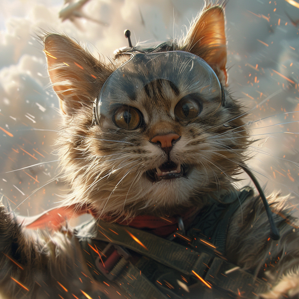 Cats flying war planes with anger expression