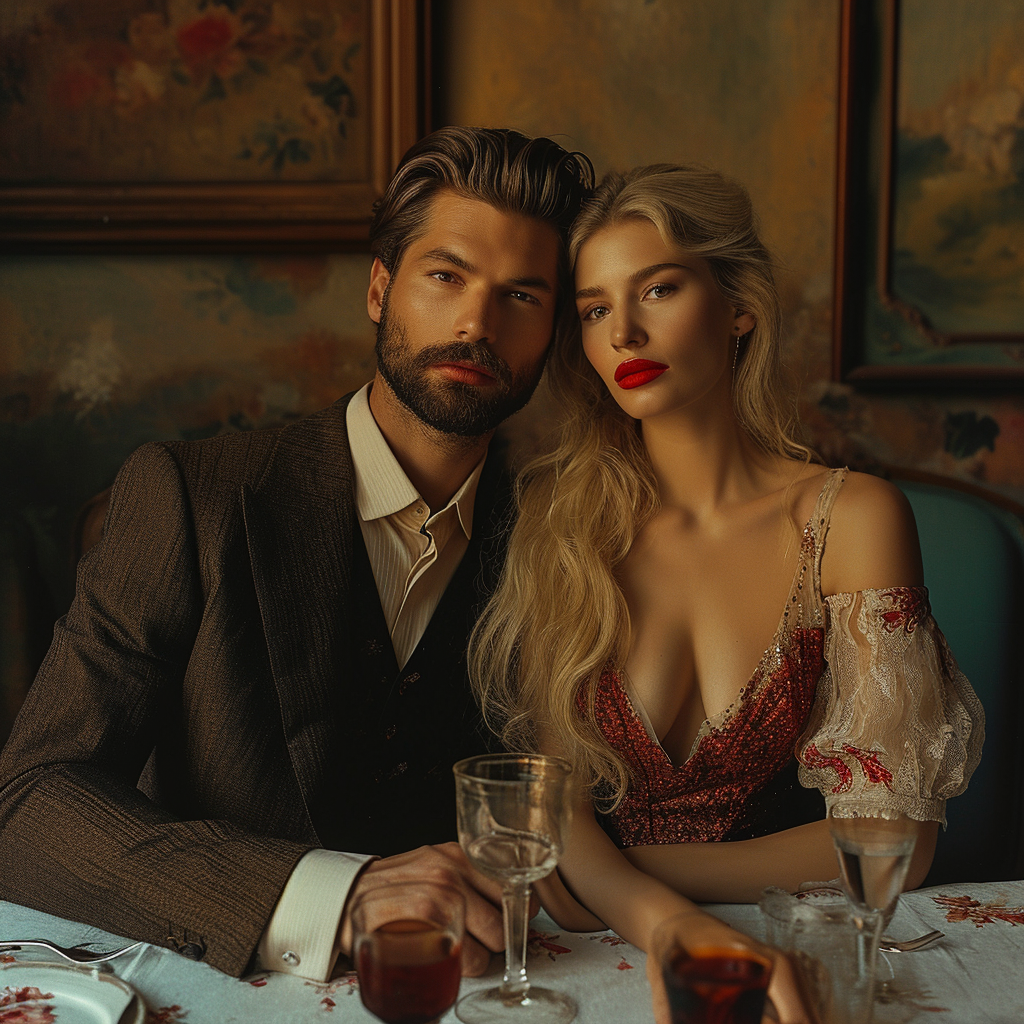 Caucasian couple sitting at table in evening clothes