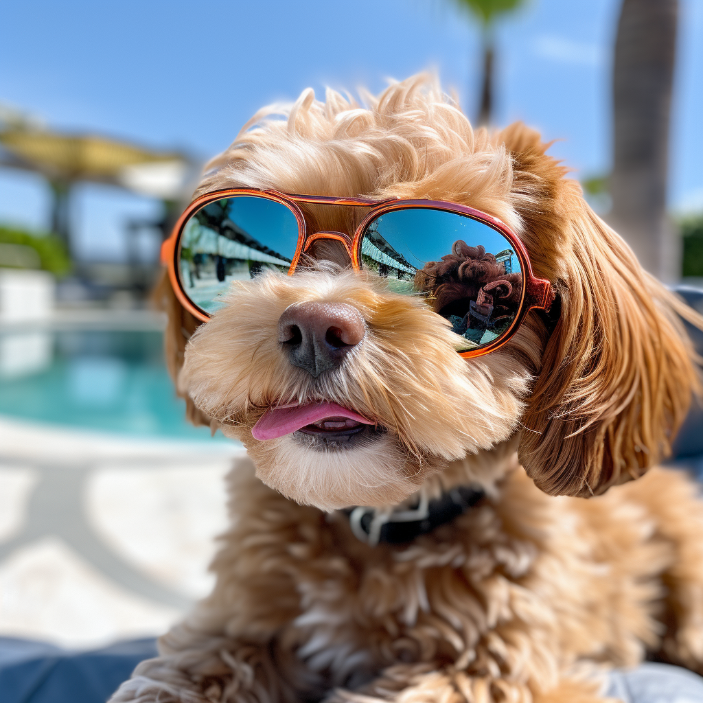 Adorable Cavapoo wearing California vibe sunglasses in Arktura interior