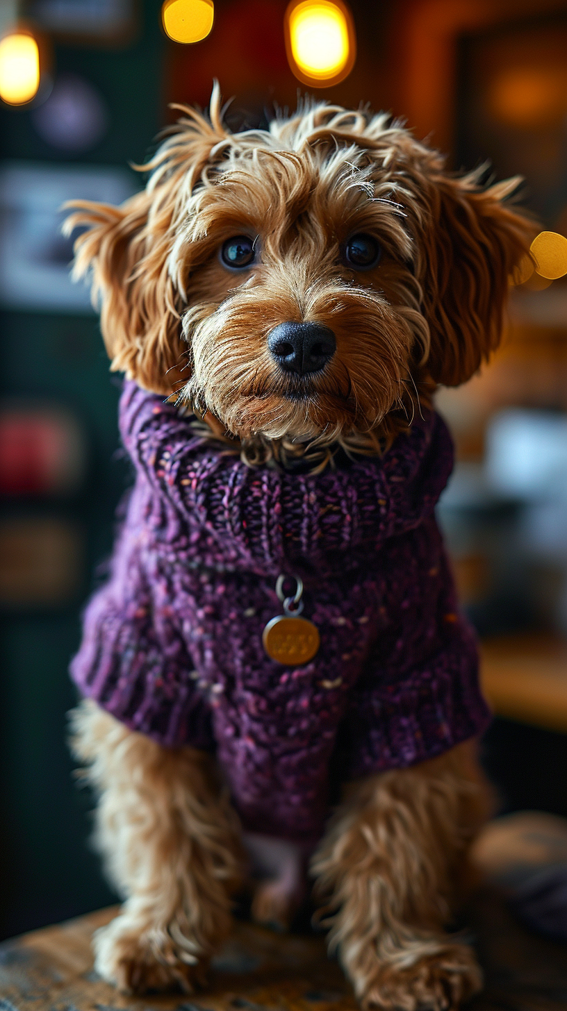 Cute cavapoo in purple sweater working on computer