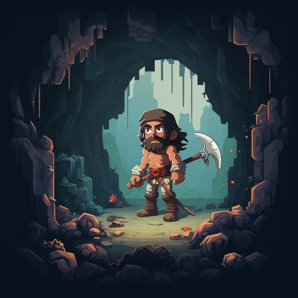 Cute caveman carrying spear leaving cave