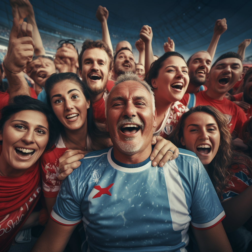 Group of people celebrating in a football stadium