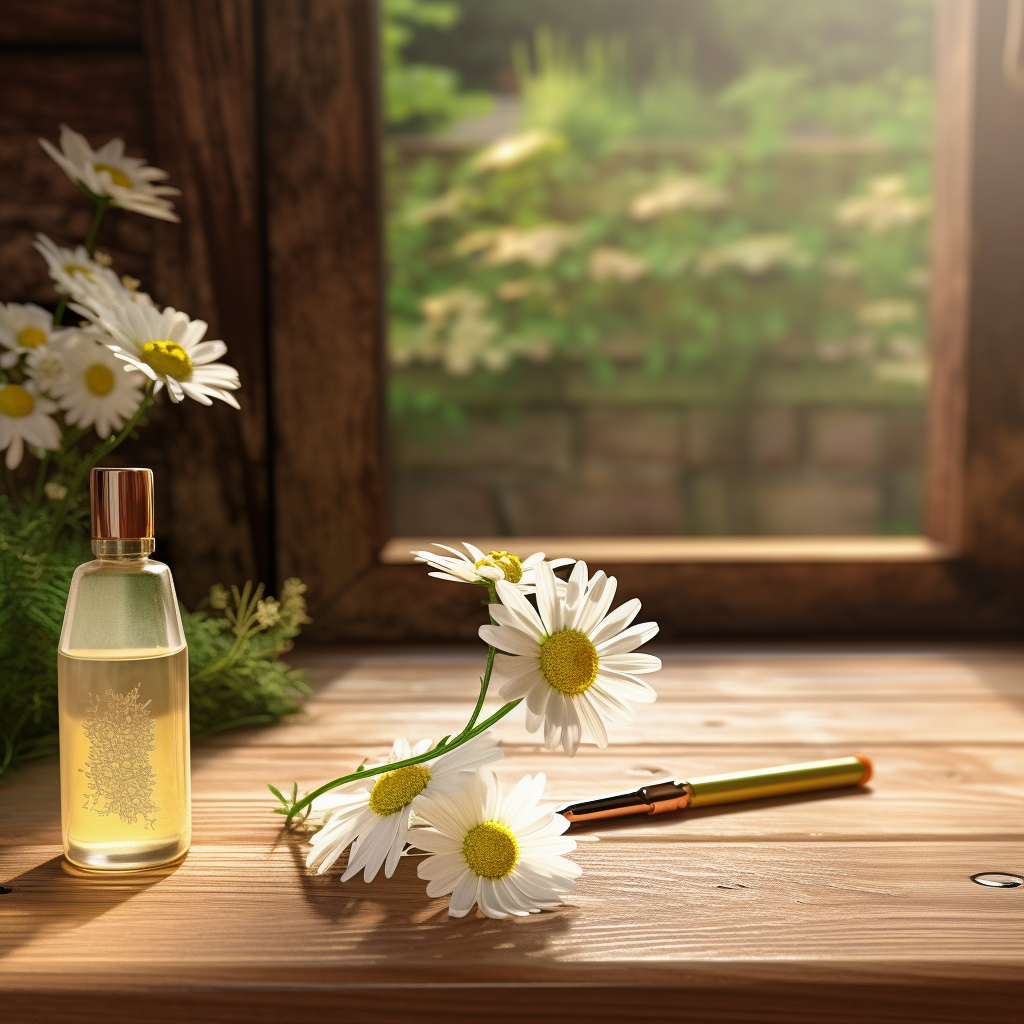 chamomile flower on wooden desk