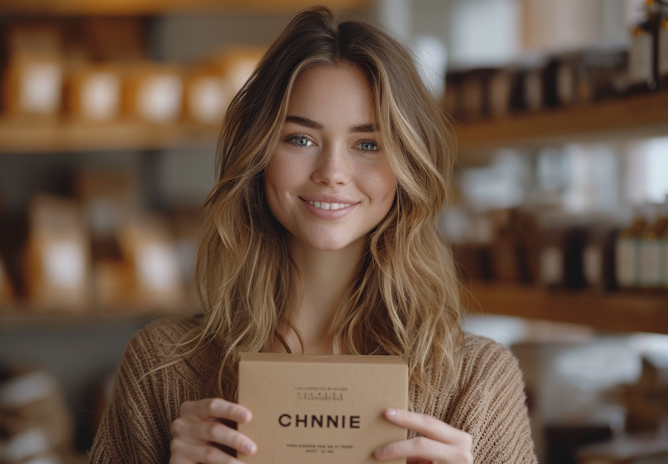 Woman receiving box of chocolate in office