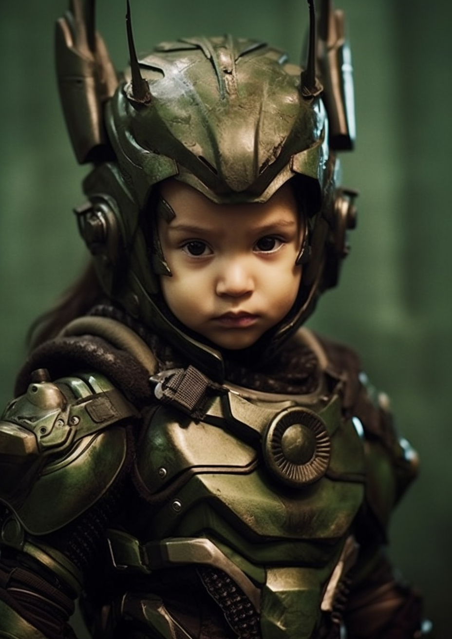 Cyberpunk baby girl in green armor