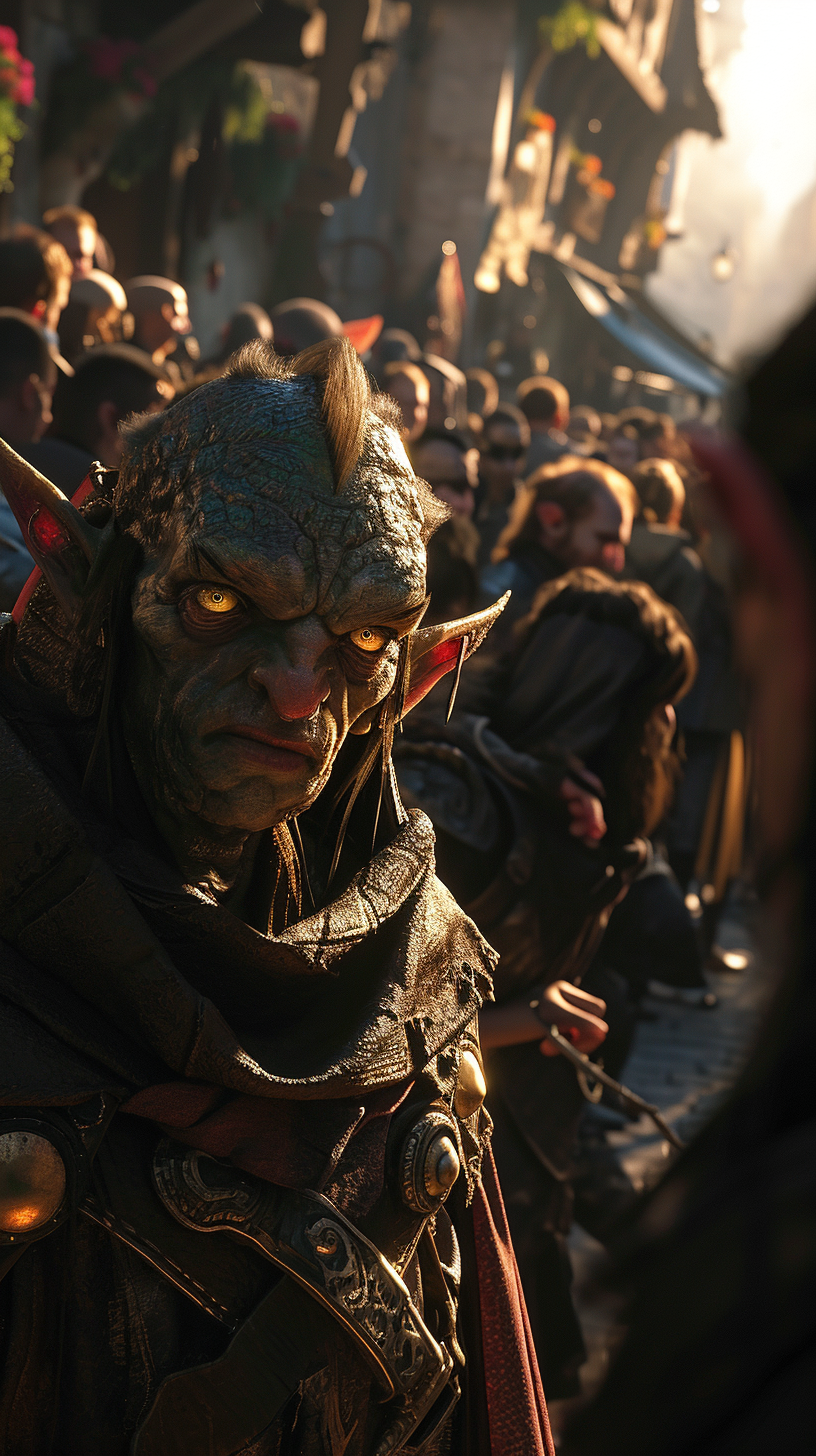 Adventurer character with golden eyes in a crowd