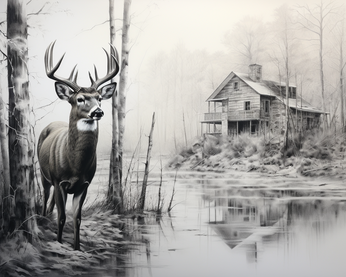 Detailed charcoal art of a double exposure whitetail buck with cabin and woods