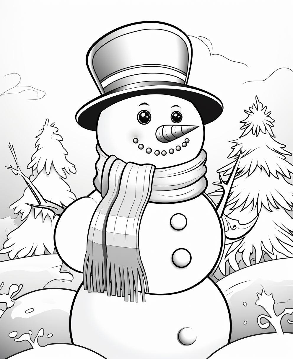 Cheerful snowman coloring page with carrot nose and top hat