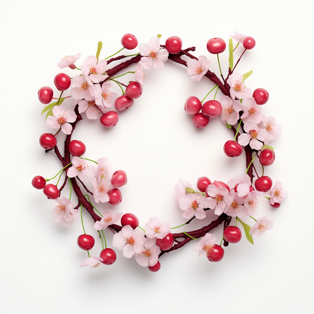 Wreath of Cherry Branches on White Background