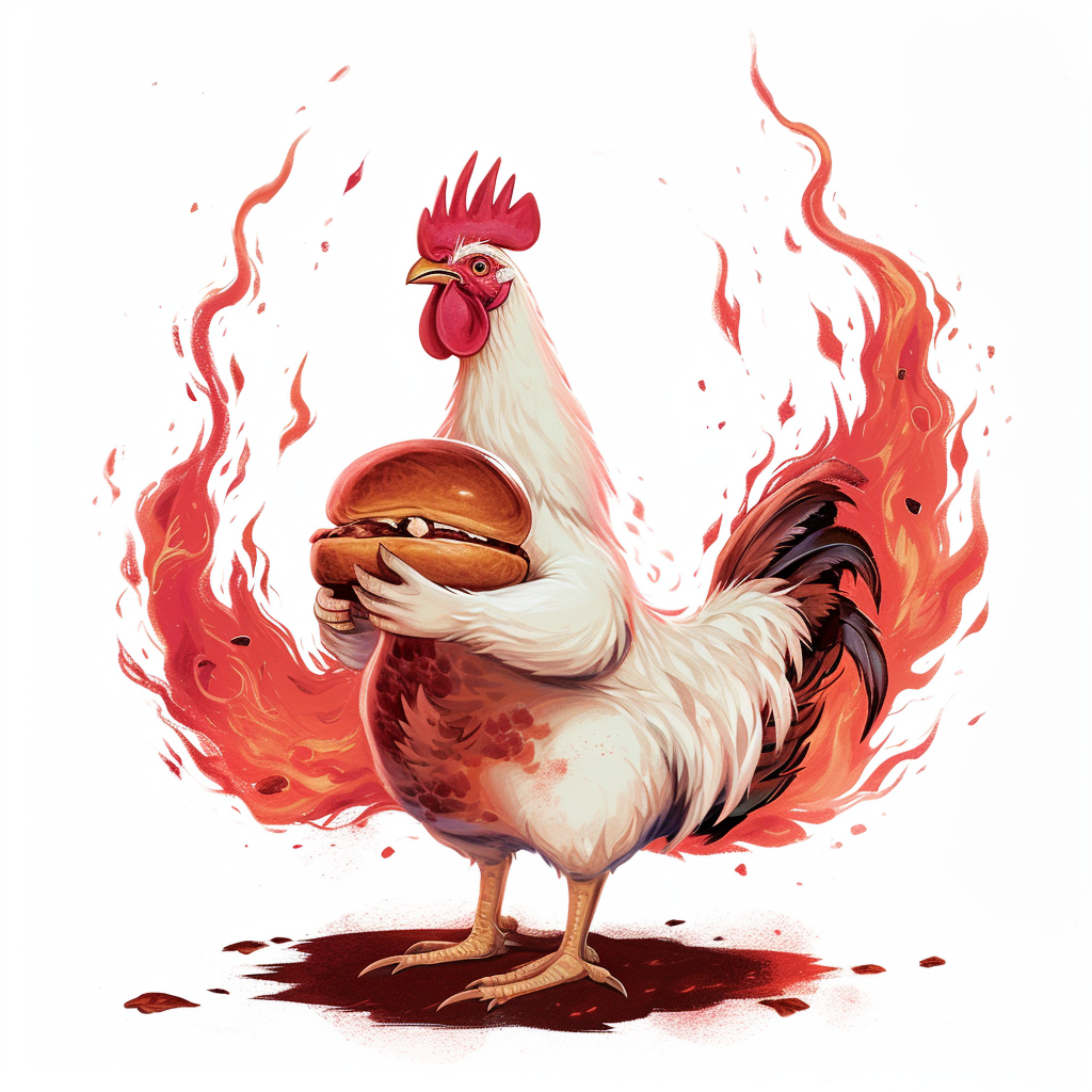 Illustration of chicken holding meat bun with red flame