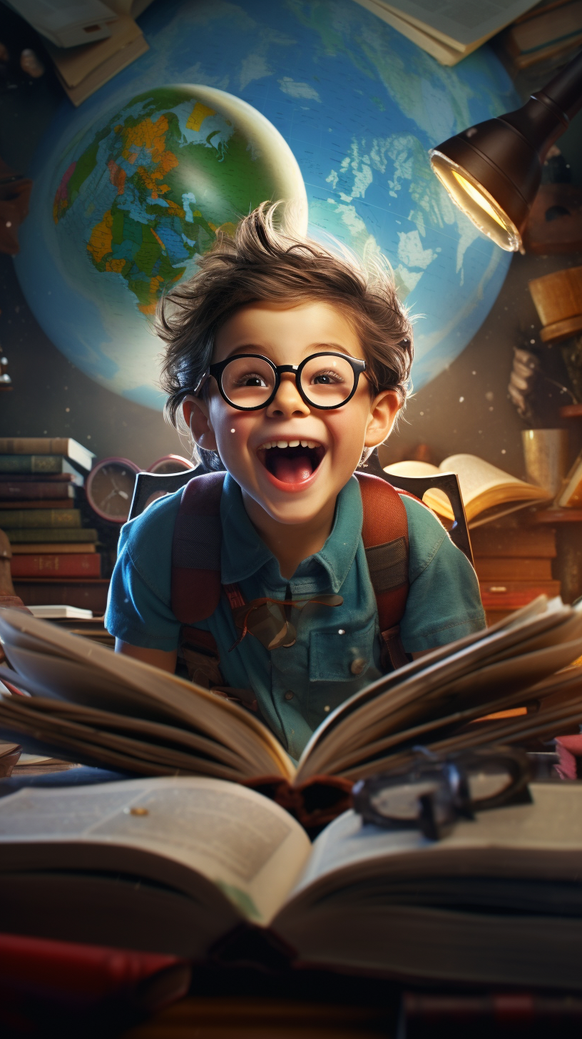 Child with Adventure Glasses and Books