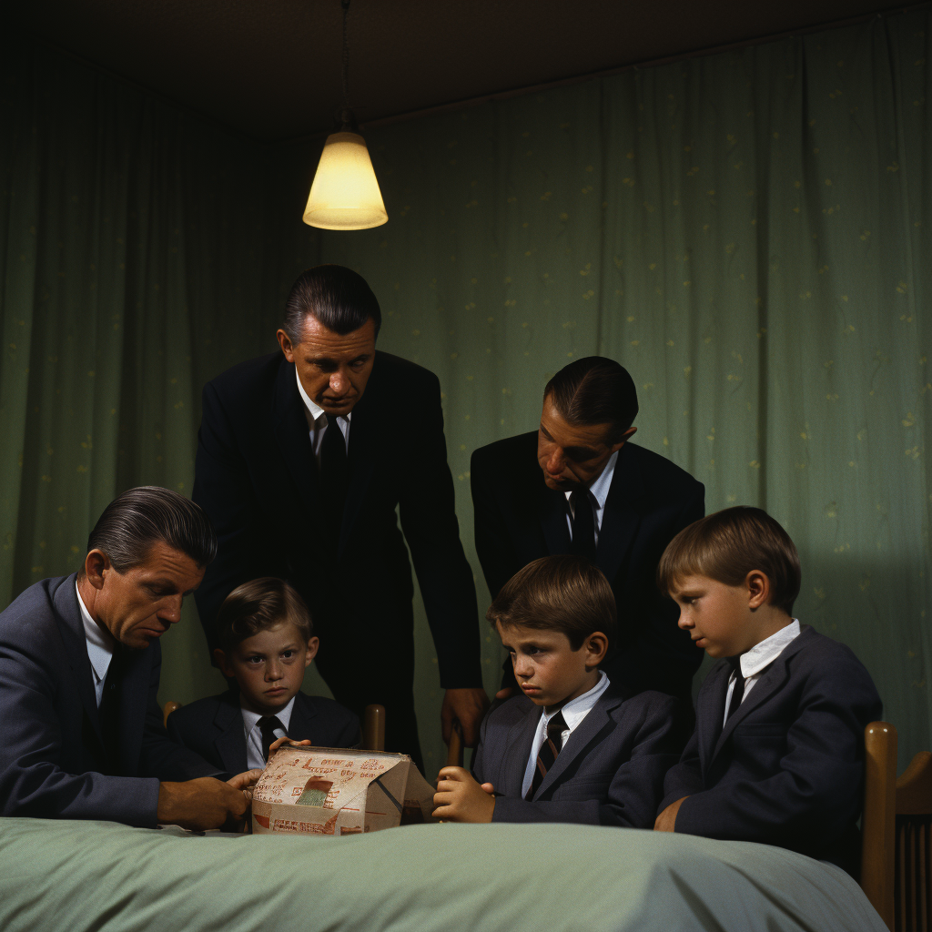 Men in suits having meeting in child's bedroom