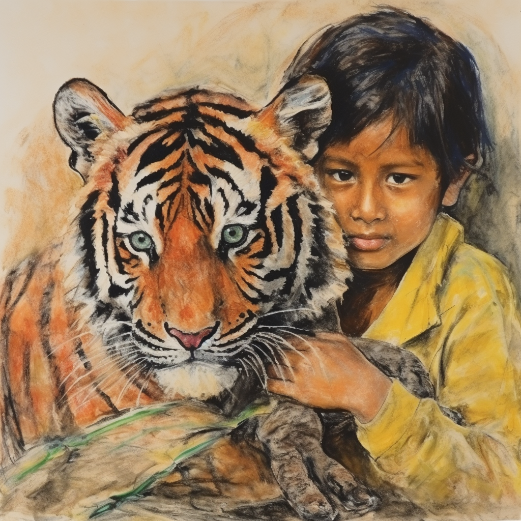 Child's Colorful Tiger Drawing