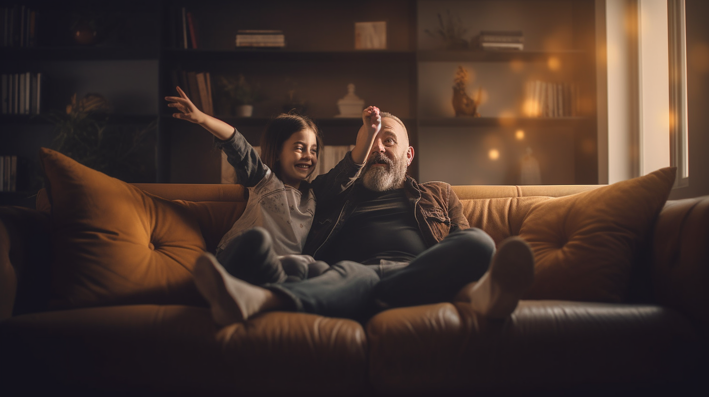 Smiling child and dad on sofa