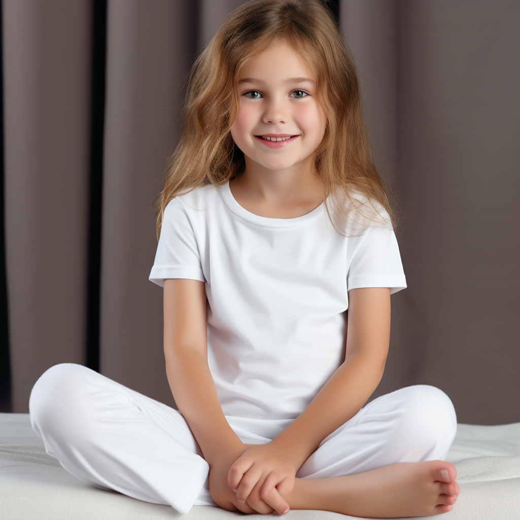 Child model wearing white summer PJs