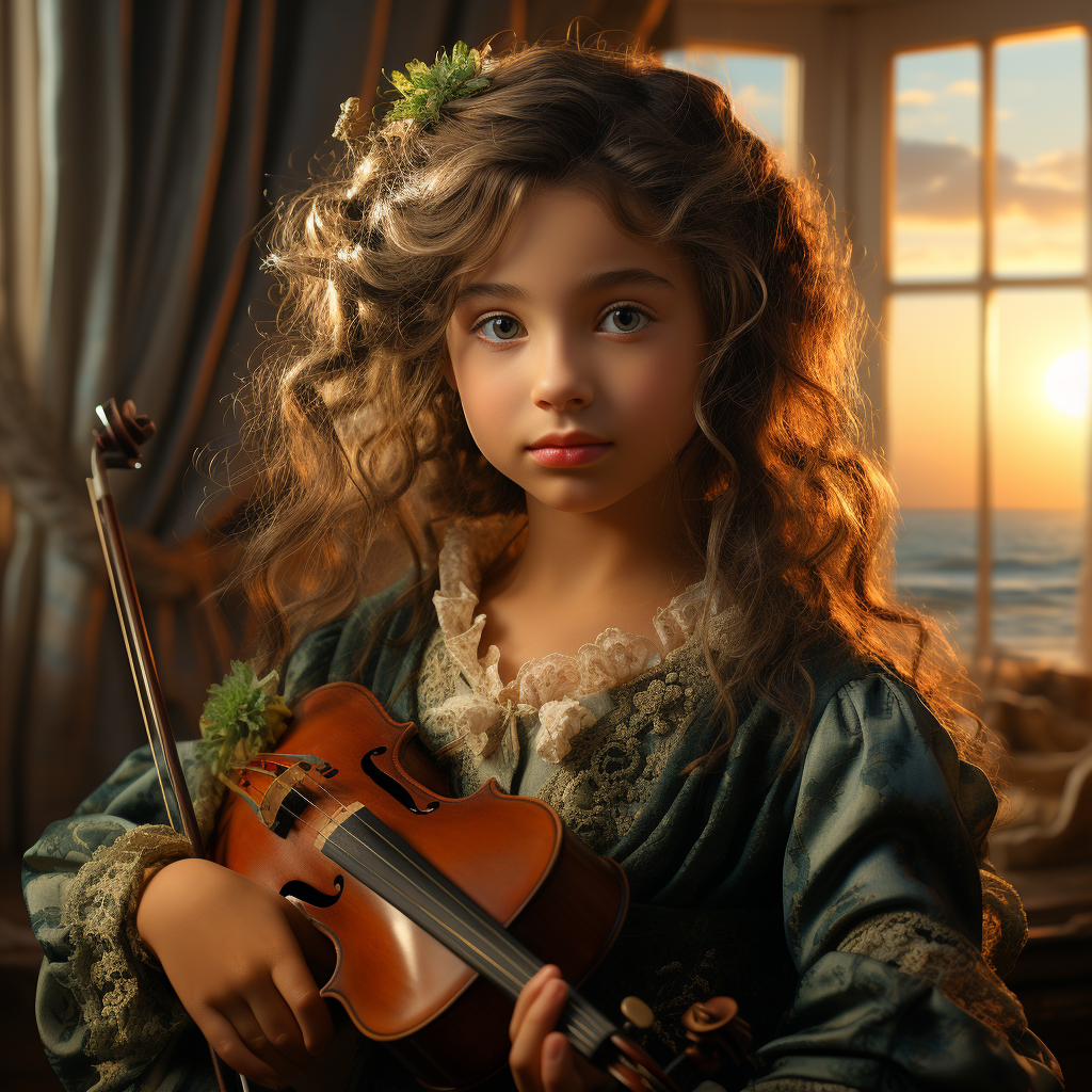 Child playing violin with curly hair