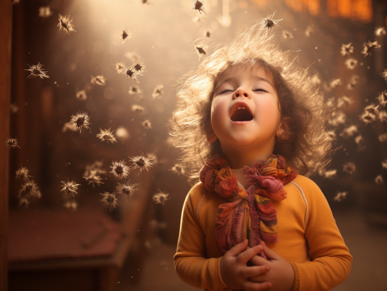 Child sneezing with viruses and dust particles