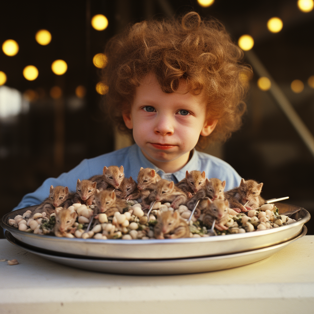 Adorable child with dozen mice in plate