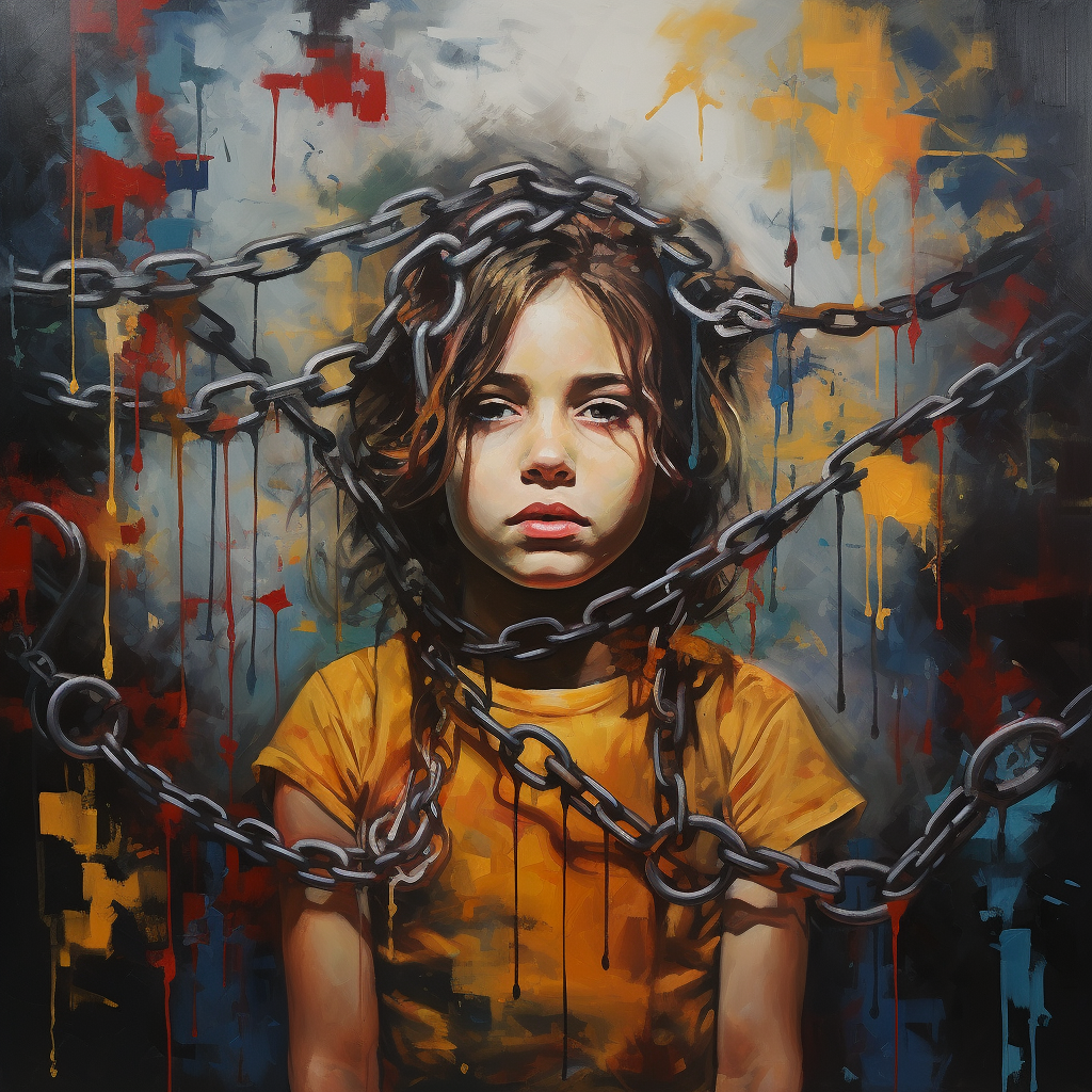 Abstract artwork of children breaking free from school chains