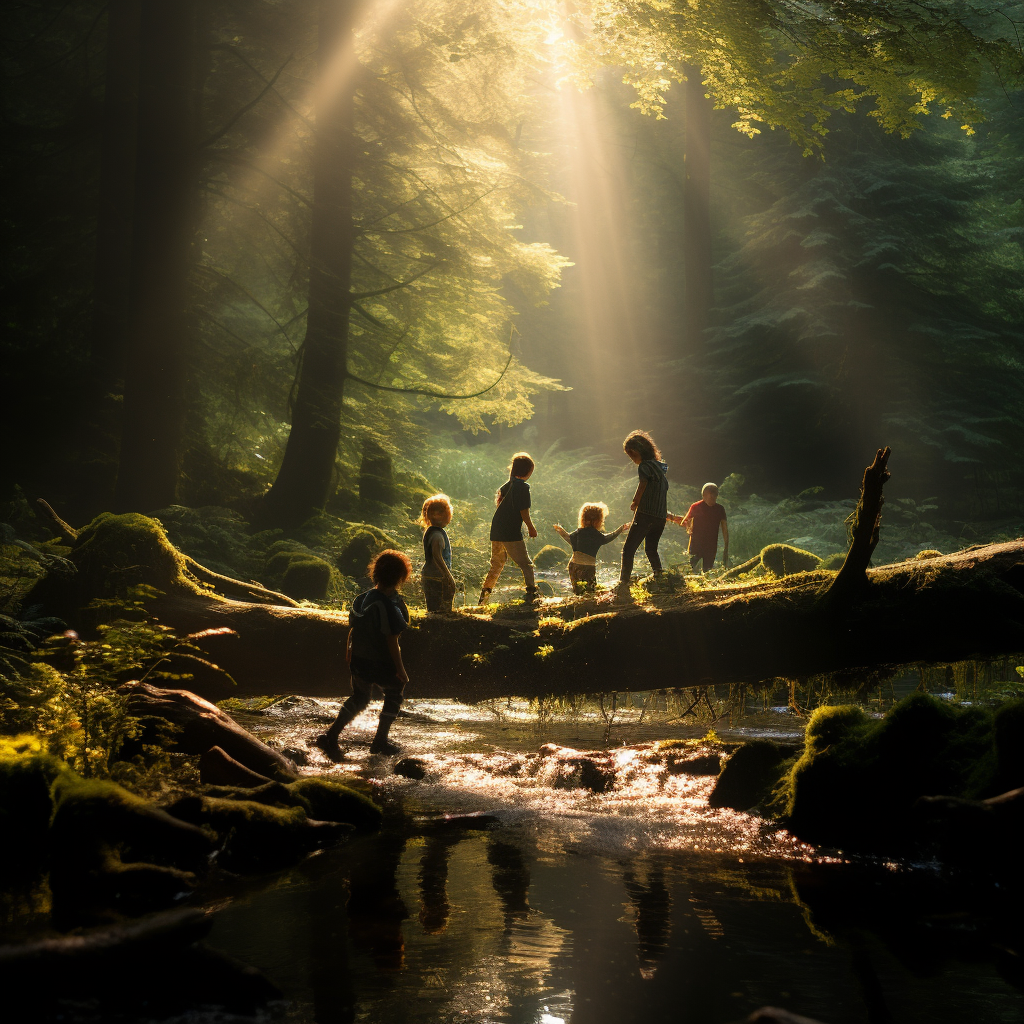 children playing in forest landscape