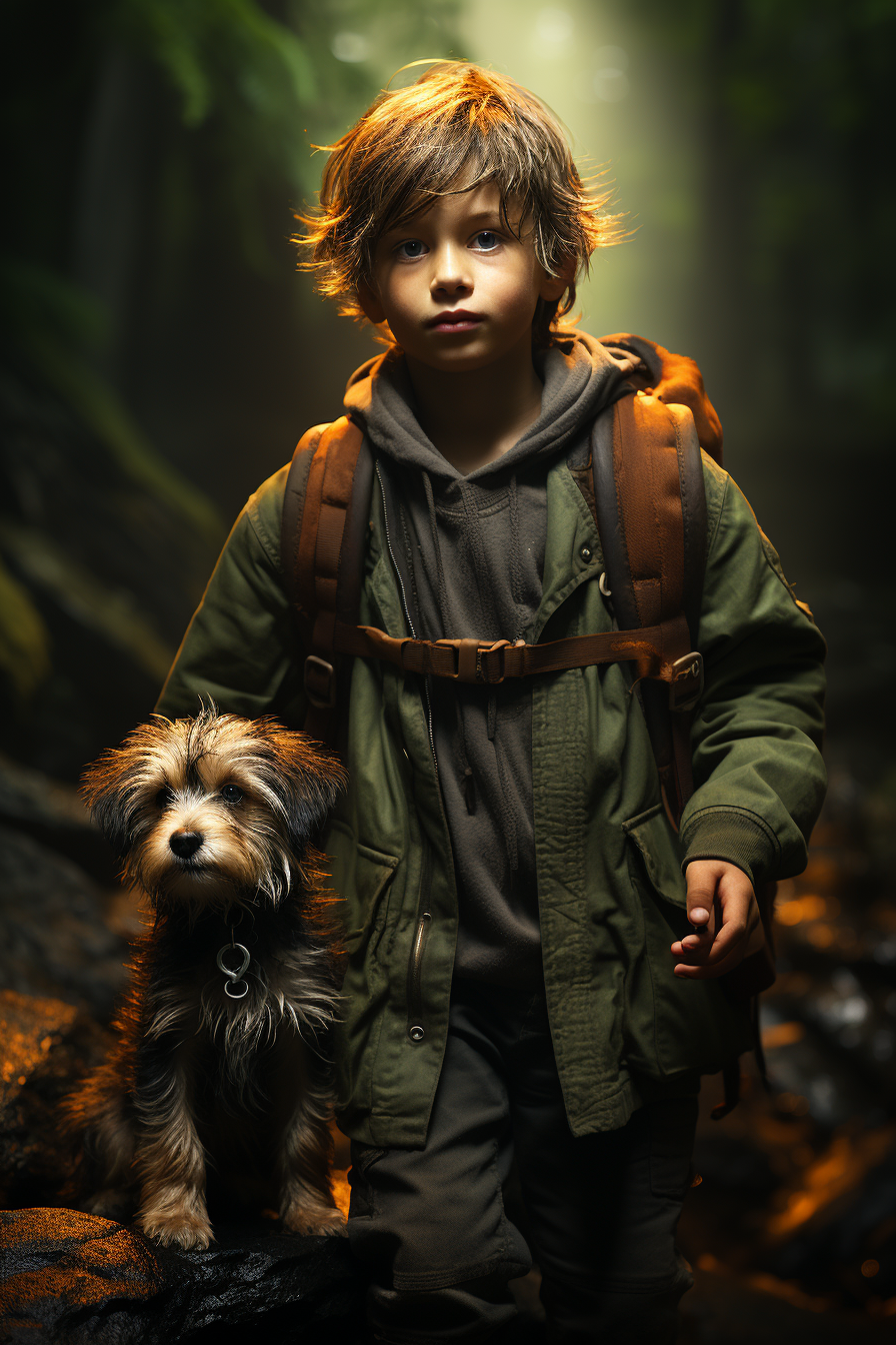 Children and puppies walking in the woods