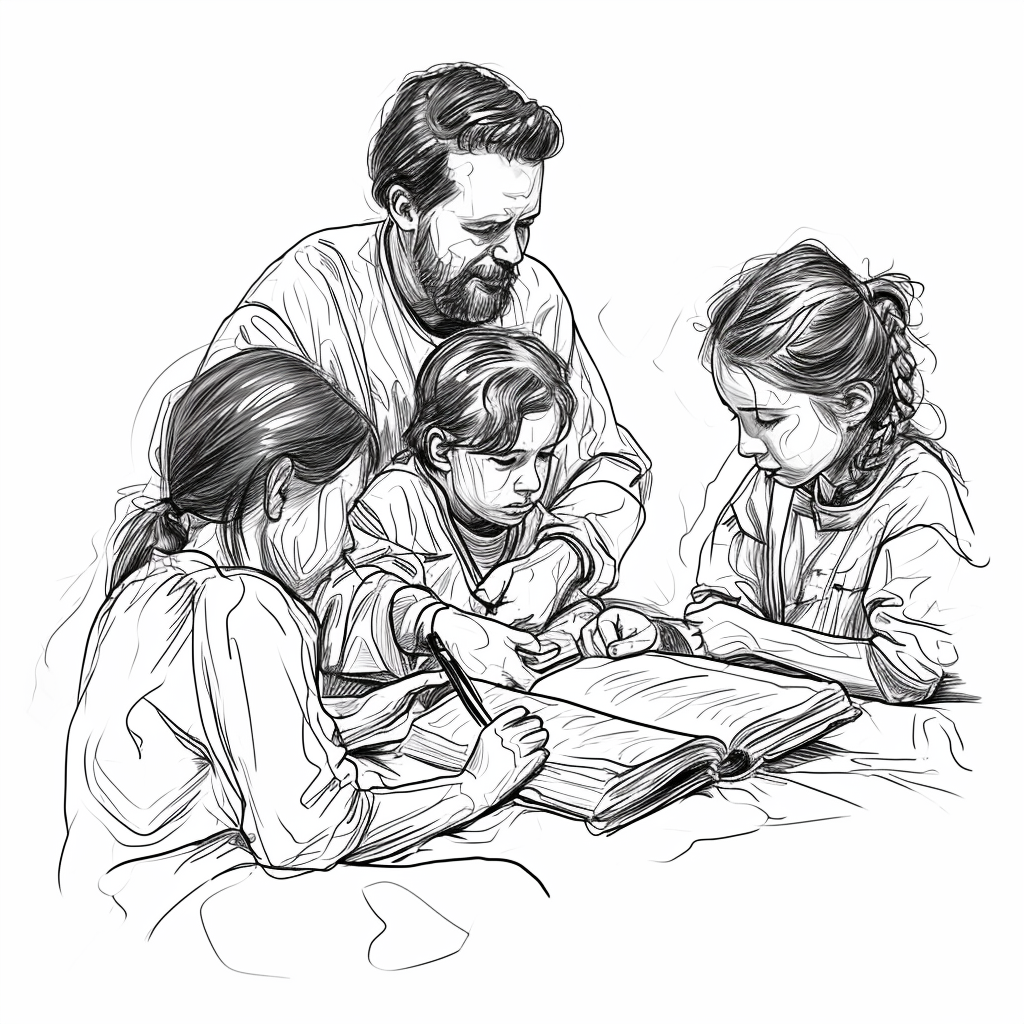 Children studying Bible on white background