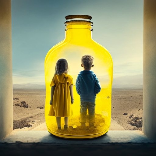 Two children in yellow bottle holding hands, admiring the view