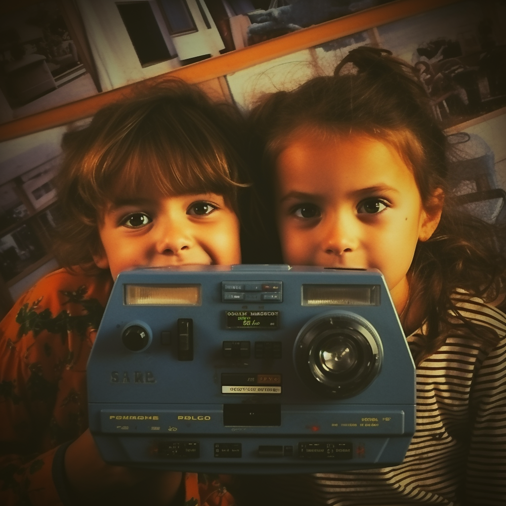 Children podcasting with VHS color noise