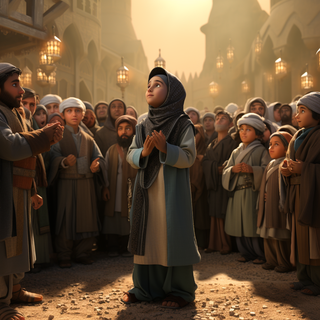 Children saluting leader in Muslim avatar