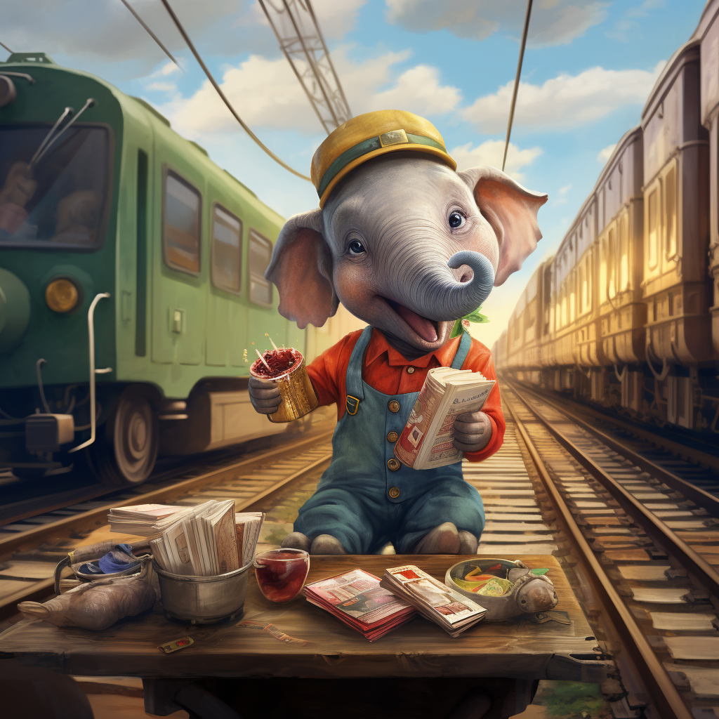 Cute elf train engineer enjoying an elephant ear snack
