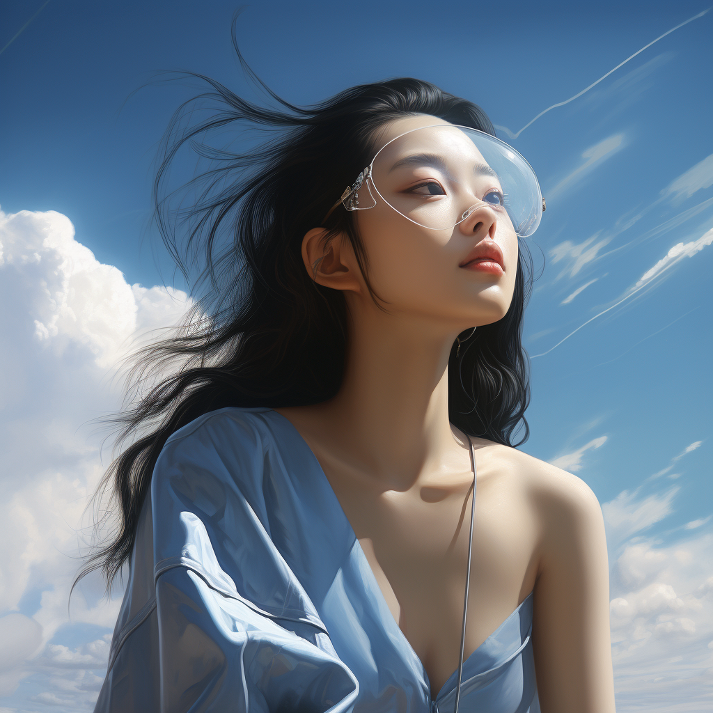 Chinese girl looking at the sky through a glass lens