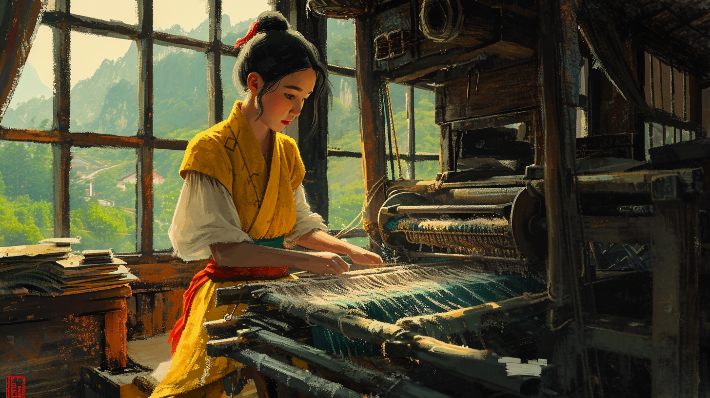 Chinese girl operating loom machine