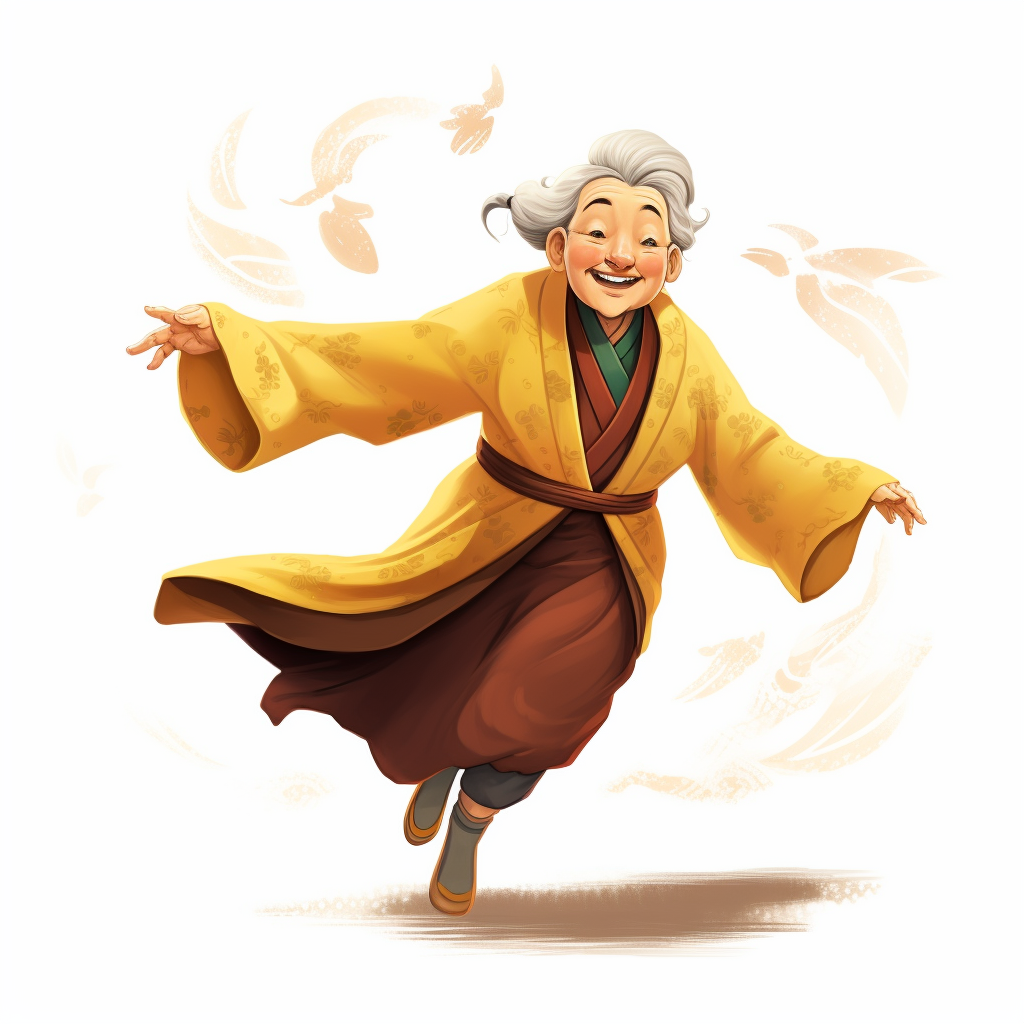 Elderly Chinese woman chasing wind in yellow attire