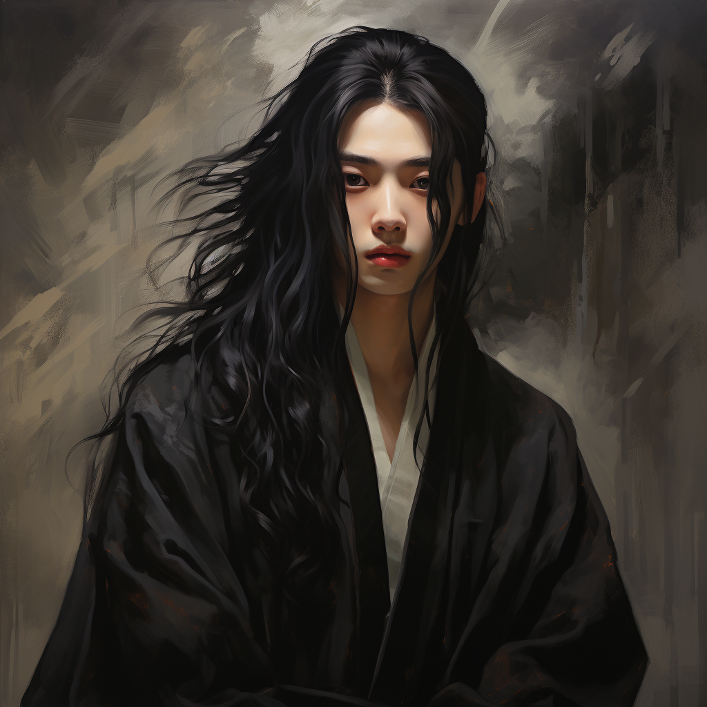 Chinese man in black robe with long hair