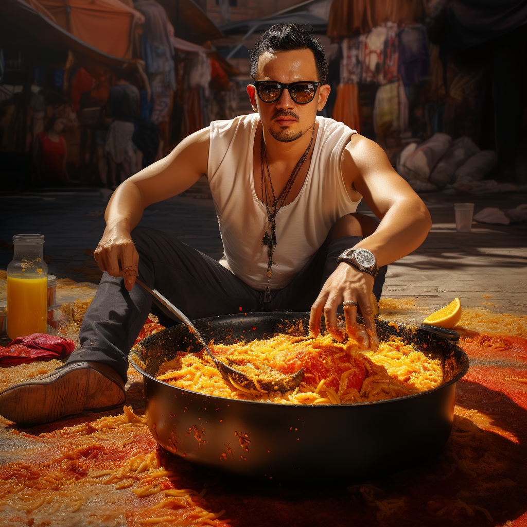 Chinese man enjoying paella rice at a bullring