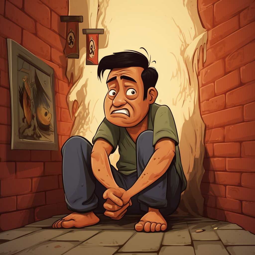 Sad Chinese man near wall