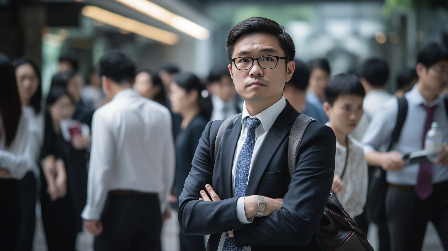 Anxious Chinese man in work attire looking at watch