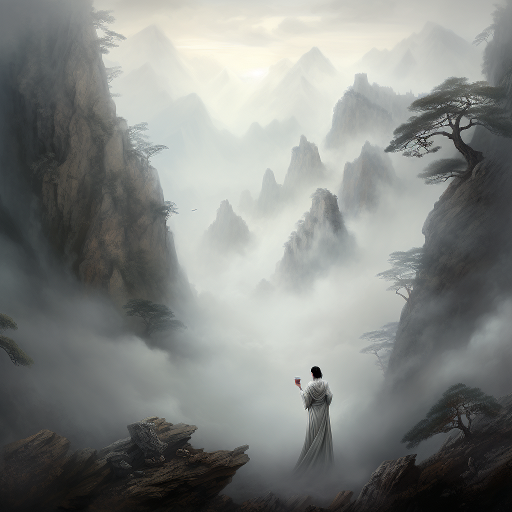 Ethereal Chinese mountains with a solitary figure and wine cup