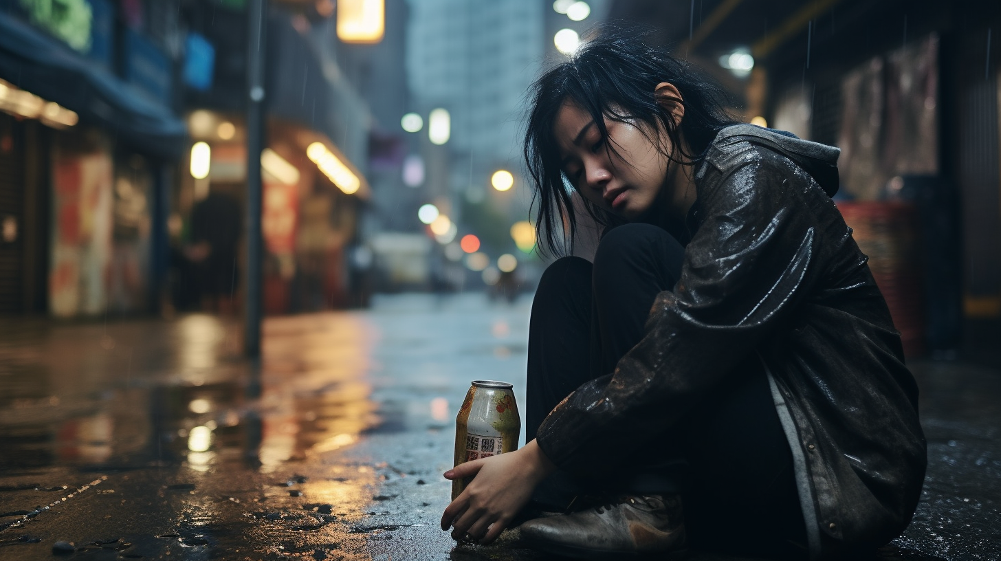 Sad Chinese Woman Drinking Beer