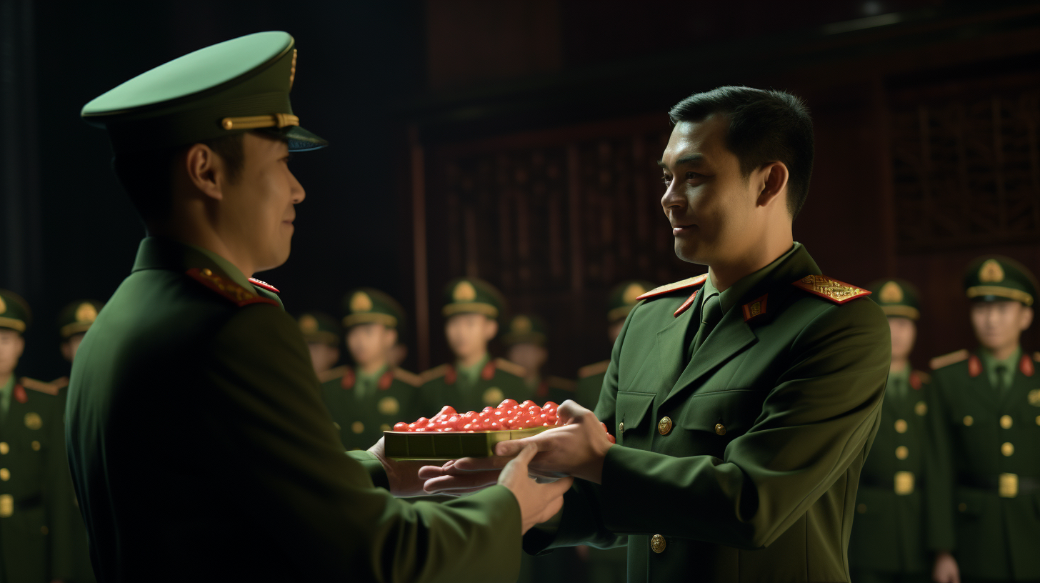 Chinese officer giving green rosebuds to comrades