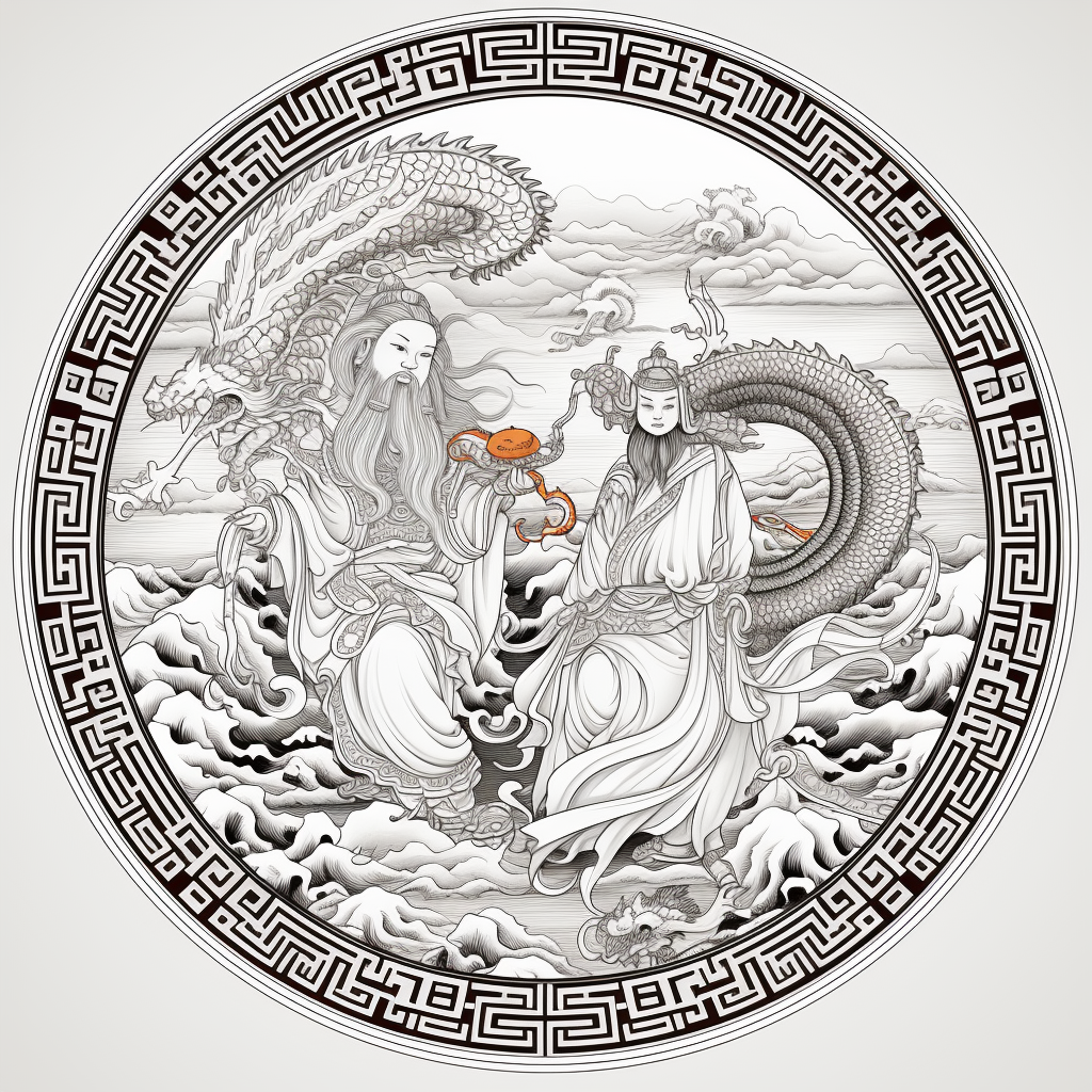 Chinese Woodcut with Mythical Figures Artwork