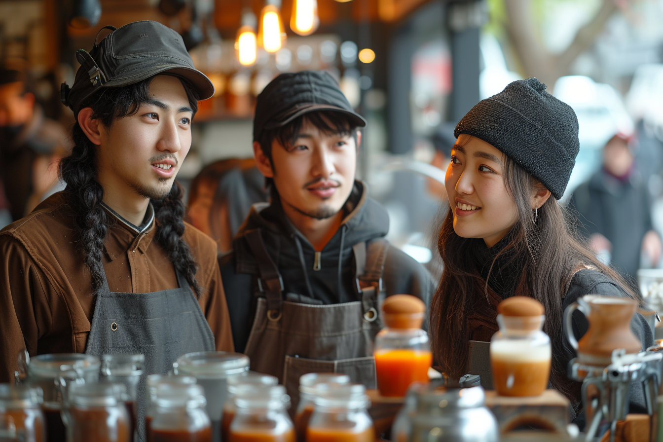 Chinese baristas conversation coffee aprons duckbill caps
